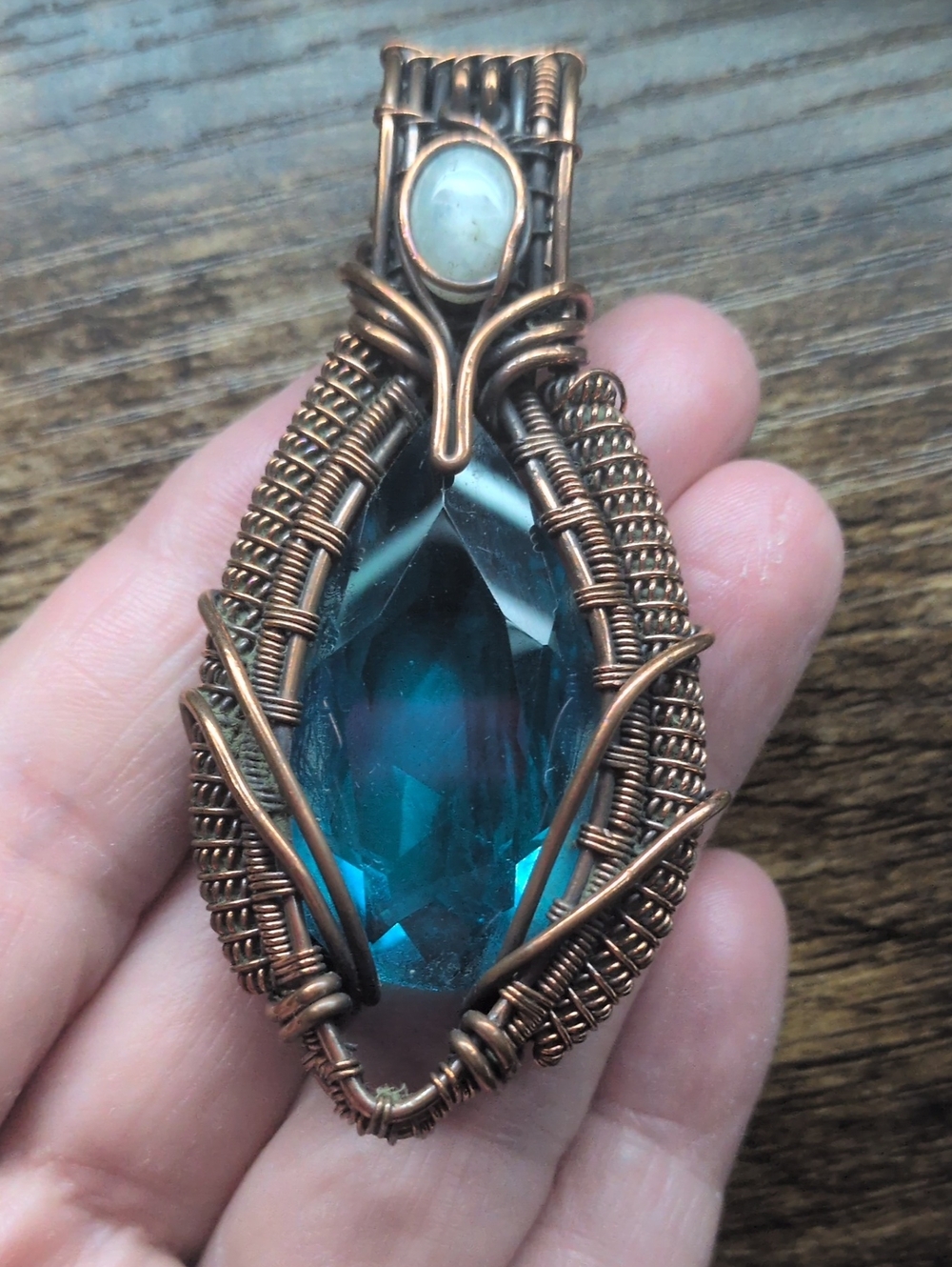 Handcrafted Copper Wire Wrapped Blue Topaz Teardrop Pendant